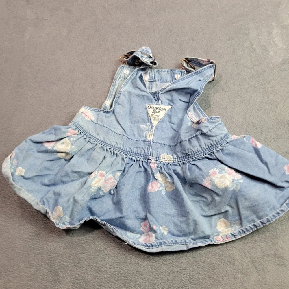 OshKosh Jumper‎ Dress Girls 9M Blue Floral Denim Overall Skirt Vestbak 1K340710